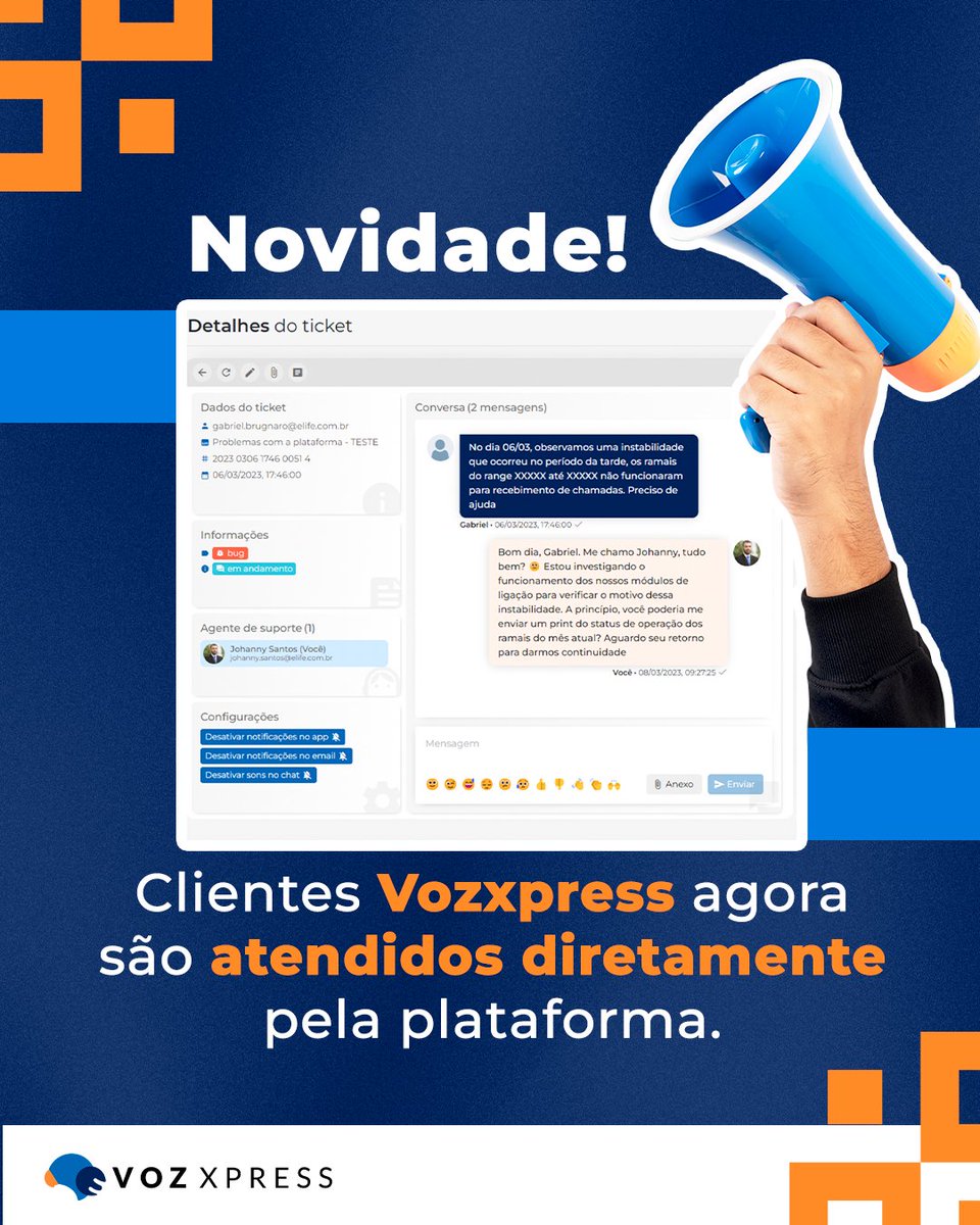 vozxpress's tweet photo. Para atender ainda melhor os clientes da Vozxpress, desenvolvemos a nova funcionalidade Tickets de suporte!
Agora, todos os clientes podem abrir uma solicitação e conversar diretamente com um agente de suporte sem sair da plataforma. 
Acesse e saiba mais: https://t.co/R96NLALo8H https://t.co/KXQeK6hyBS