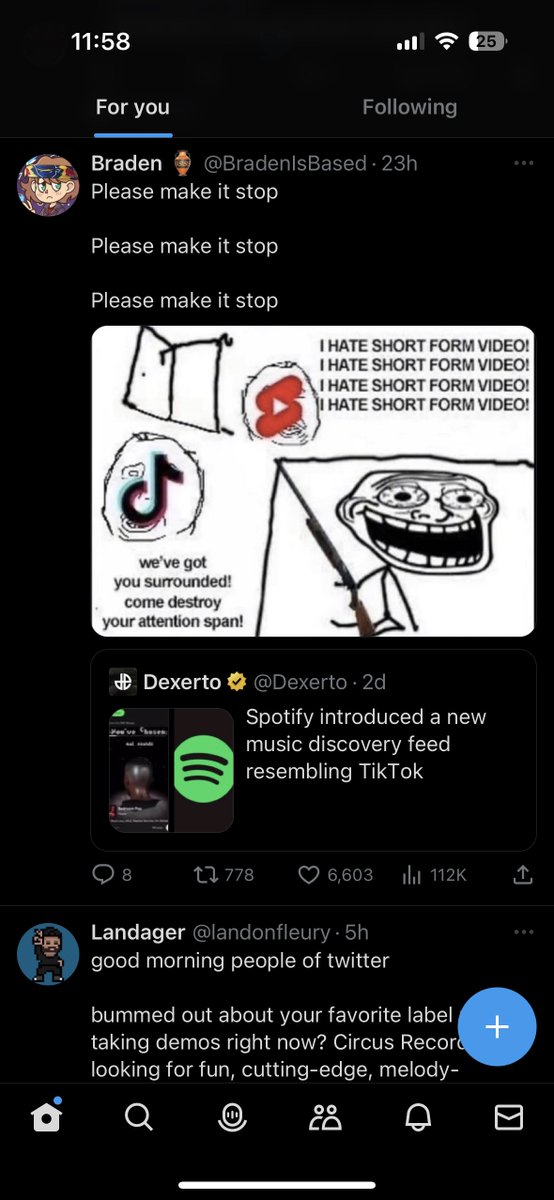singtoconley's tweet photo. elno what the fuck did you do to this app . none of these accounts are people i follow. none of these even have “followed by” or “liked by” or “you might like” above them. the For You tab is literally just a feed of random people with none of my actual followed accounts https://t.co/K30H21bzEB