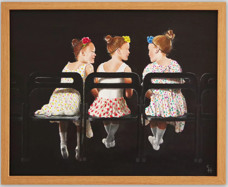 ‘Girl Talk’ George Horsfield. Framed Original Painting. The painting shows three would-be ballerinas waiting for their dance lesson to start. Oils on canvas Signed Certificate of Authenticity Framed and ready to hang Size 22in x 18in £250-00 Buy at newartgallery.co.uk