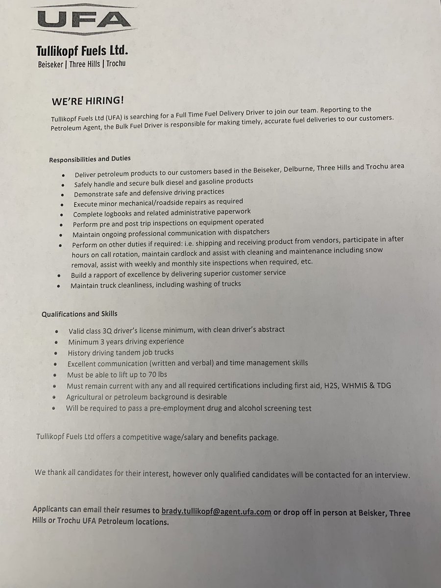 We’re hiring! Come join a fun, rewarding team at Tullikopf Fuels! Retweets appreciated!