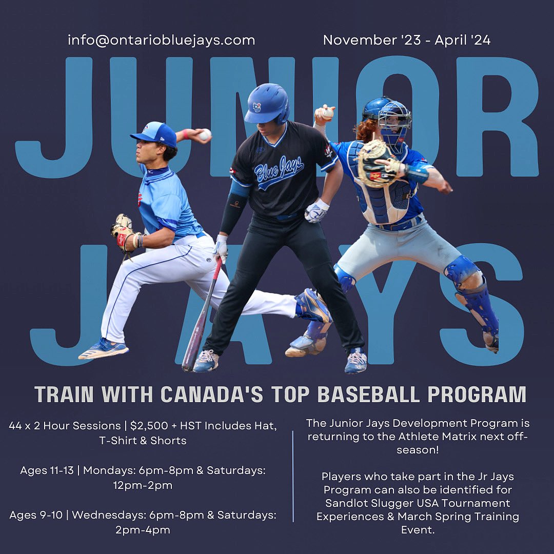 OntarioBlueJays's tweet photo. Junior Jays Development Program is returning to the Athlete Matrix next off-season! 

Only 30 spots per age group!

Register here: https://t.co/Y6CIcS4fxa https://t.co/hh4AHisYxy