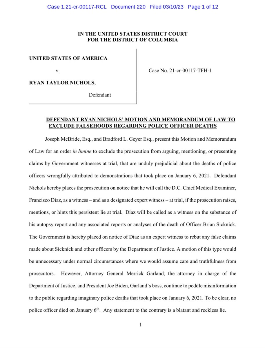 McBrideLawNYC's tweet photo. We just filed a motion in USA v RYAN TAYLOR NICHOLS to prevent the Government from advancing the false narrative that police were killed by protestors on J6.

RT &amp; follow J6 Attorney Brad Geyer @FormerFeds to show your support!

NO MORE LIES! https://t.co/S4GqHgo689