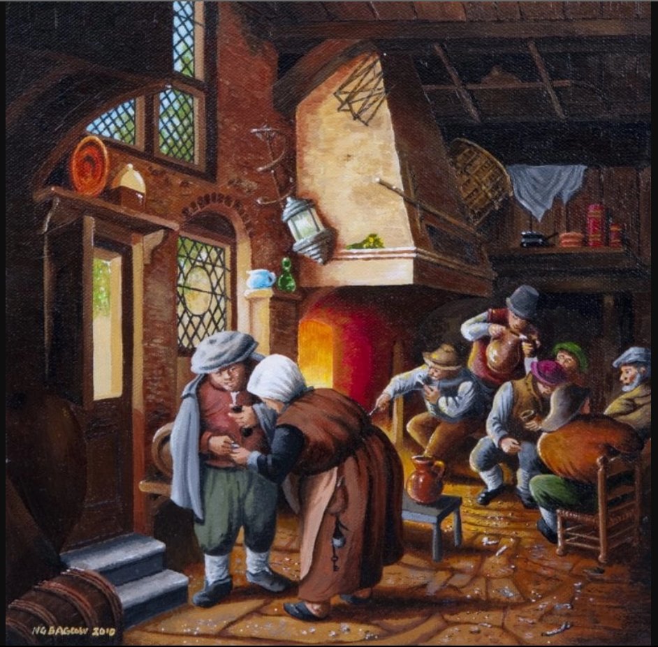 “Settling up after an afternoon in the pub. Some things never change!” ‘Peasant Paying His Reckoning’ by Neil Baglow. Original Painting. Acrylic on Canvas. 12in x 12in After Ostade Buy at newartgallery.co.uk £500