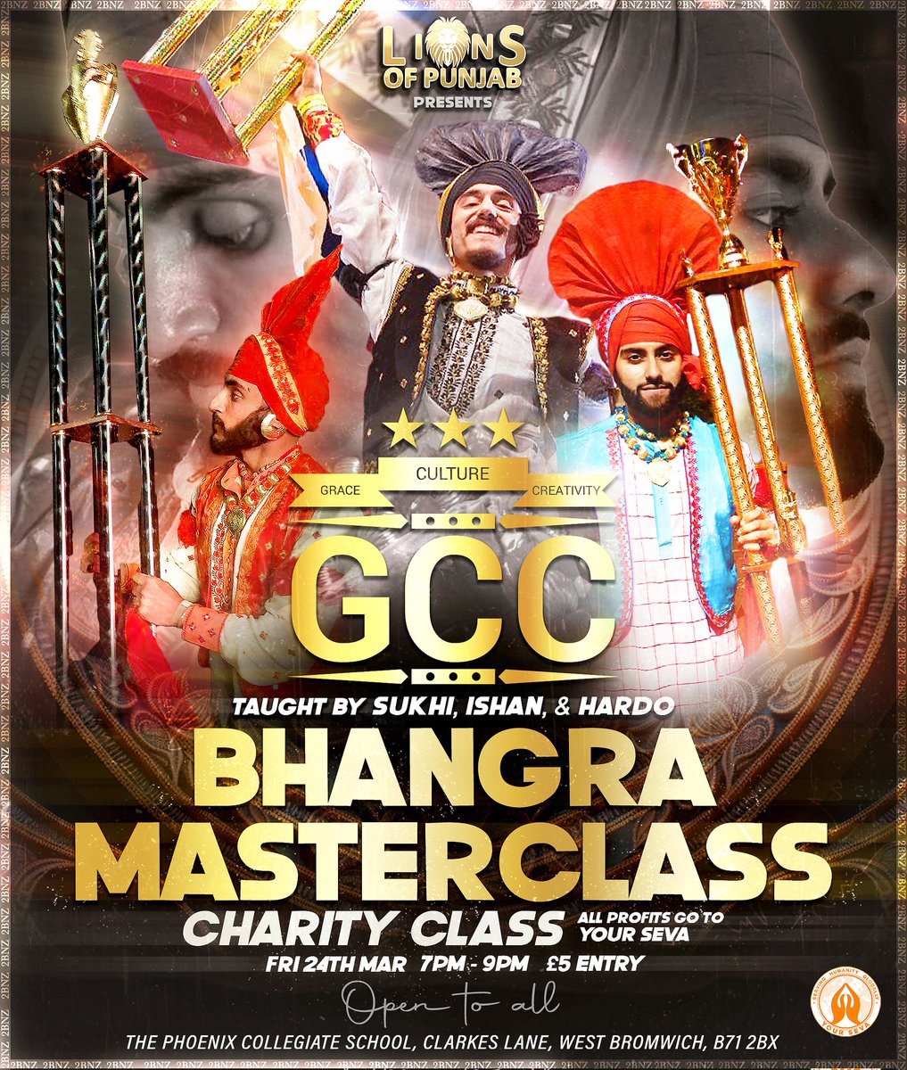 LionsBhangra's tweet photo. 🦁Lions of Punjab Presents

Gabru Chel Chabileh "BHANGRA MASTERCLASS" Open Charity Class. Taken by THE ONE AND ONLY Sukhi,  Ishan &amp; Hardo

ALL PROFITS WILL BE DONATED TO @YourSevaOrg

HUGE SHOUTOUT TO @2Bnz_ for the poster https://t.co/H6V6USiehE