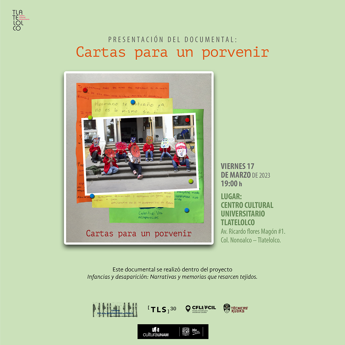 Presentación de CARTAS PARA UN PORVENIR en CDMX este 17/marzo a las 19hrs en Centro C. U. Tlatelolco.
Una articulación entre <a href="/EmbCanMexico/">Canadá en México</a>/<a href="/TeatroLineaSomb/">Teatro linea de Sombra.com</a>/#TécnicasRudas <a href="/y_memorias/">Narrativas y Memorias (Técnicas Rudas)</a>/#ConAmorYEsperanzaHastaEncontrarlesPuebla/<a href="/VozdelosDesapa/">Voz de los Desaparecidos en Puebla</a>/<a href="/SacbeProduccion/">SacBé Producciones</a>
#FondoCanadáMX #CFLI50