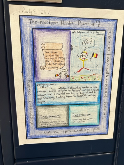 MsFranzsclass's tweet photo. Students were assigned one of Woodrow Wilson's #14points to analyze, and then created a #onepager based on their research and connections to WWI #AVID #CollaborateCreateThink https://t.co/mRVh0k8ekh
