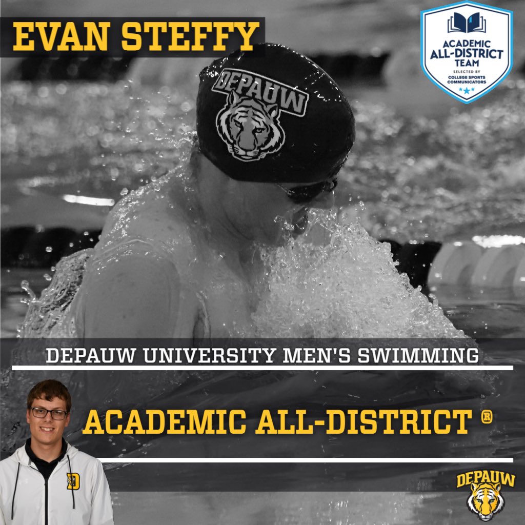DePauwAthletics's tweet photo. Over in the pool we have four members of the @DPUMensSwimming team were named Academic All-District ® honorees. Shoutout to Brock Kinnamon, Braden Mallery, Robbie Sheffield, and Evan Steffy. #TeamDePauw #d3swim #TigerPrideFriday https://t.co/bFRkpyyg7r