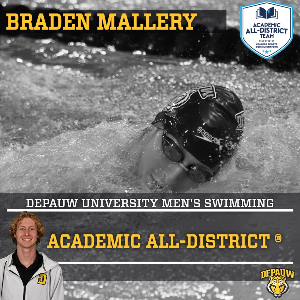 DePauwAthletics's tweet photo. Over in the pool we have four members of the @DPUMensSwimming team were named Academic All-District ® honorees. Shoutout to Brock Kinnamon, Braden Mallery, Robbie Sheffield, and Evan Steffy. #TeamDePauw #d3swim #TigerPrideFriday https://t.co/bFRkpyyg7r