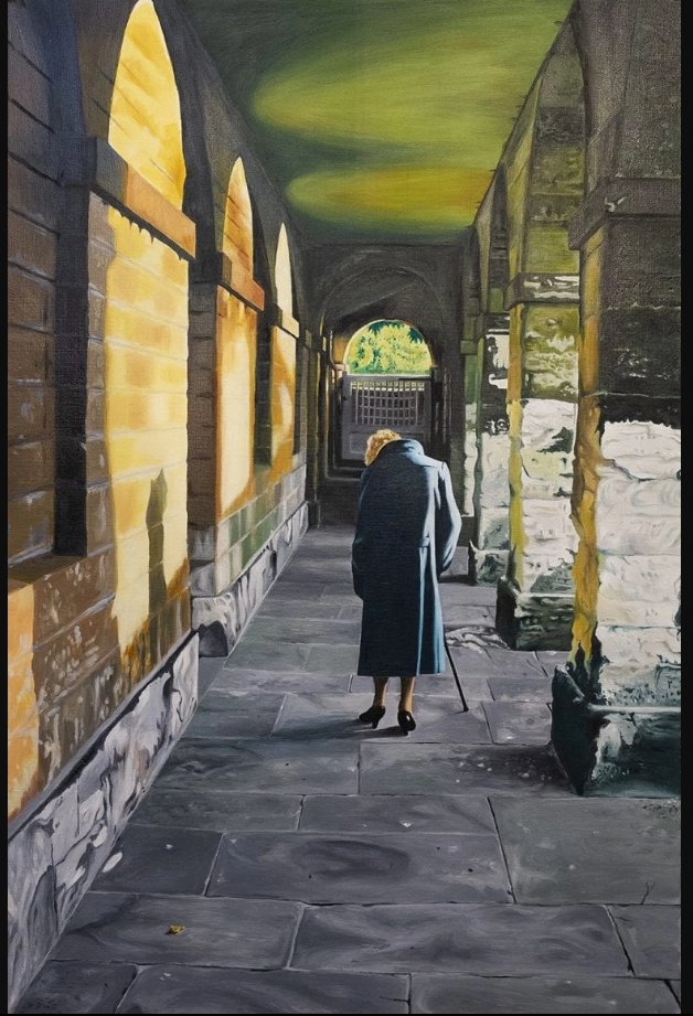 “Walking in the colonnade, early evening. My mother still walking aged 96” ‘Peggy’ by Neil Baglow. This is an Original Painting. Oil on Canvas. 36″ x 24″ COA £1,500-00 Buy at newartgallery.co.uk