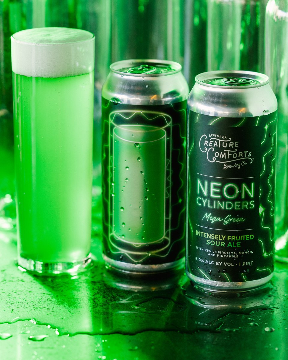 Introducing Neon Cylinders: Mega Green 💚 Our taste buds are feeling lucky with this new addition to the series. Mega Green is an 8% ABV Intensely Fruited Sour Ale made with kiwi, spirulina, mango, and pineapple. Reserve now through the link below ⬇️ bit.ly/4264Ekr