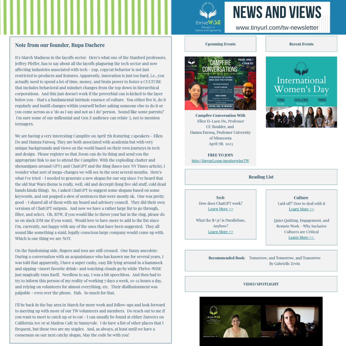 Read our March 2023 newsletter at ow.ly/8gOm50NfE2g
First Campfire in April 2023, ChatGPT, Coping with Layoffs, Jeffrey Pfeffer, and more.

#thrive-wise #womeninscience #womeninengineer #global #nonprofit