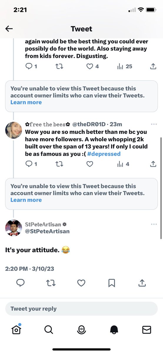 theDR01D's tweet photo. @StPeteArtisan @kaceysharon @WomenReadWomen too scared for my reply little buddy? 😂 @StPeteArtisan that’s the quickest I’ve been blocked on here so far lol https://t.co/OuV7pyJUFs