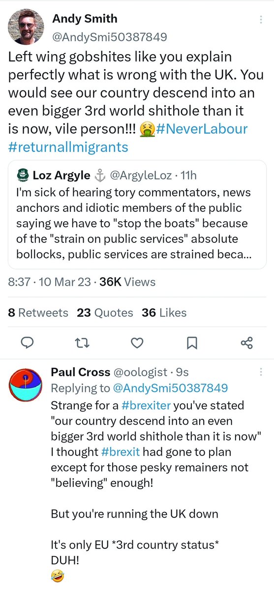 PaulCJCross's tweet photo. Strange
@AndySmi50387849 blocked my other account
@oologist
when I pointed out he's accidentally told the truth about #brexit
We've actually got EU 3rd country status but "Andy" has decided we're a "3rd world shithole" since #brexit

Congratulations a reality check
Screenshot👇🤣 https://t.co/9L0rpYIAUT