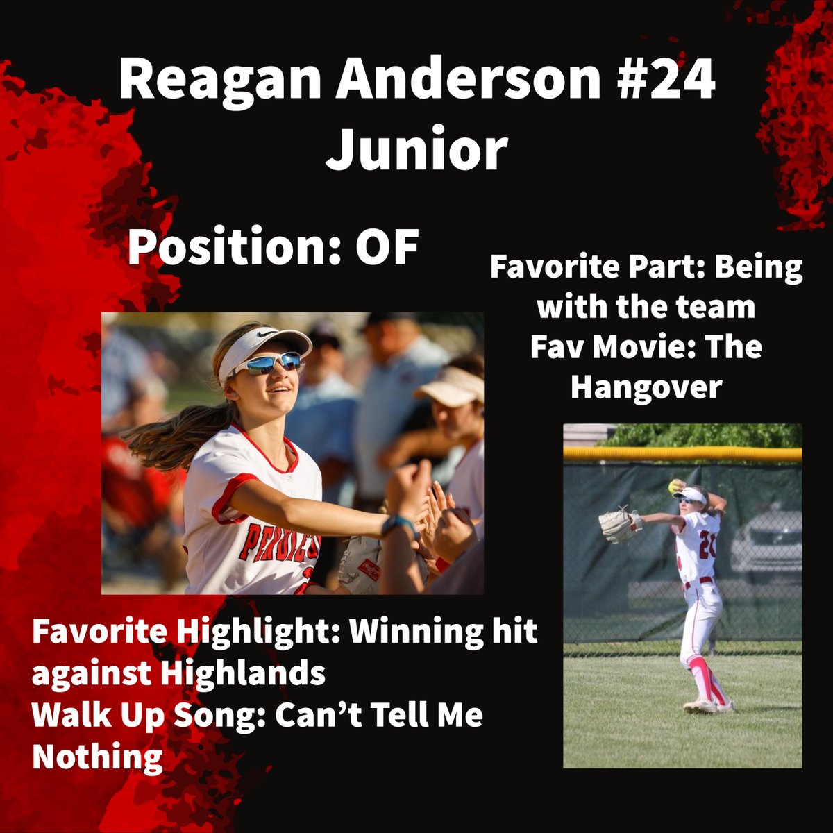 We are 3 days away from our first game, so junior Reagan Anderson is next. Reagan brings some added speed to our outfield. We look forward to seeing Reagan gain confidence in the batter's box. Welcome back, #24, and we can't wait to see what you accomplish this year!