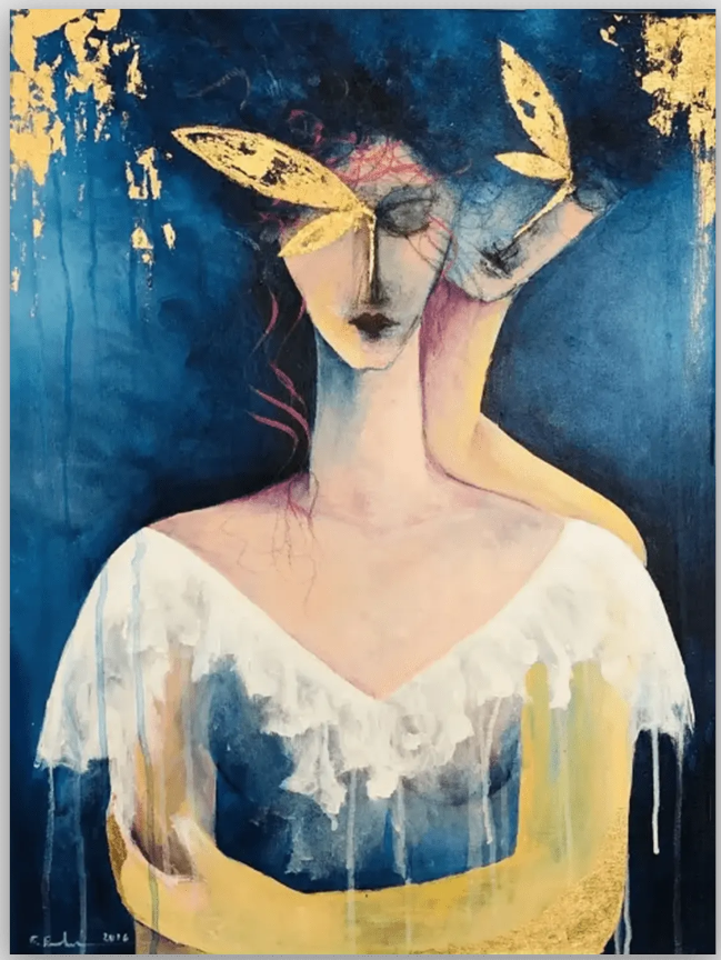 ‘Unify’ by Fatemeh Farahani Original Painting on Canvas “A moody, perceptive, figurative study painted using acrylic and gold leaf on canvas. Medium: Acrylic on canvas with gold leaf Size: 46cm x 61cm £360-00 Buy at newartgallery.co.uk