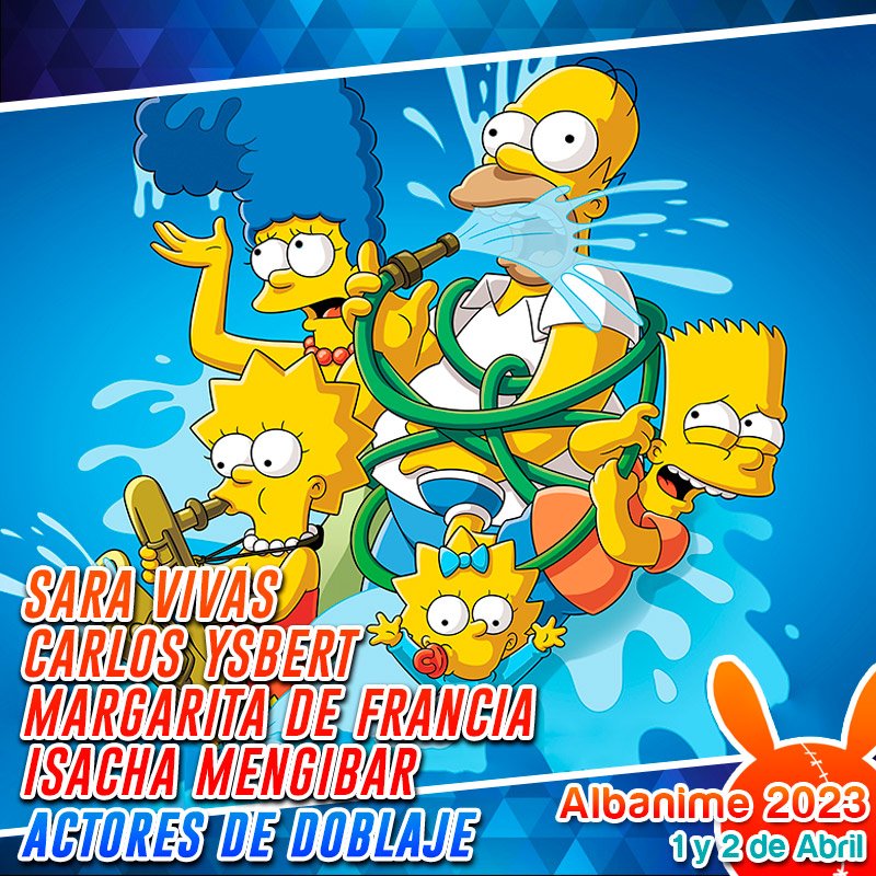 En Albanime 2023 tendremos a las voces de la familia más televisiva, Los Simpson: Carlos Ysbert (Homer), Margarita de Francia (Marge), Isacha Mengibar (Lisa) y Sara Vivas (Bart).
🌸 Encuentro (escenario): sábado, 16h
🌸 Firmas: sábado, 18h y domingo, 12h
albanime.com/simpson