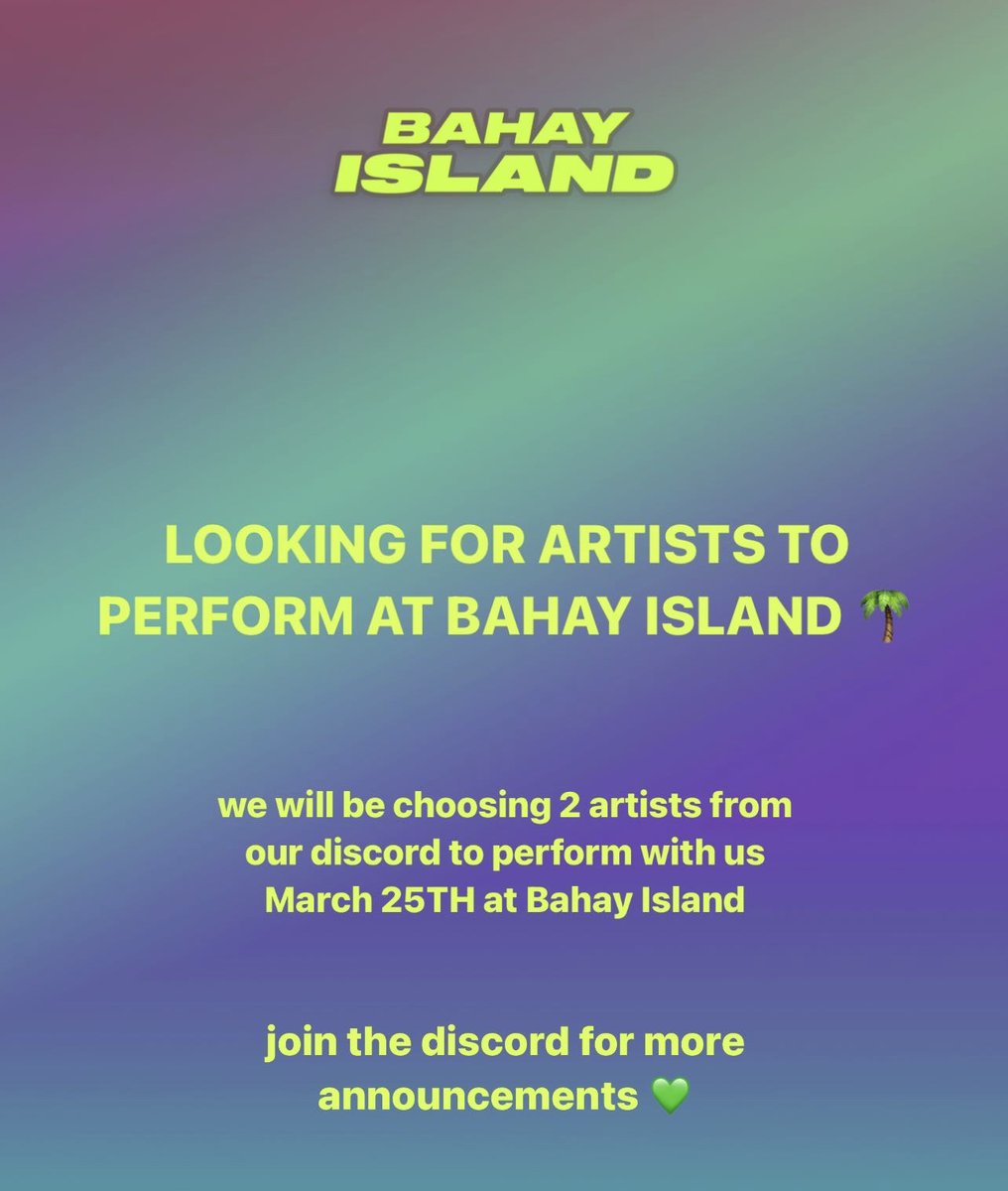 Looking for local Montreal artist to perform at Bahay Island 🌴 Submit your songs thru discord.gg/FrT5bbuh 

submissions close March 10th 11:59pm