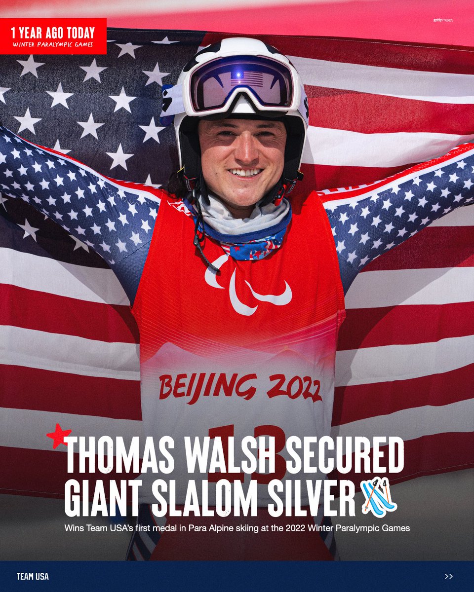 TeamUSA's tweet photo. Sights set on the Olympics, @twalnutz was told he might never ski again after he was diagnosed with a rare form of bone cancer.

One year ago today, he achieved his dream and earned 🥈 in standing giant slalom at the Paralympics in epic fashion. https://t.co/RCTkMo51mq