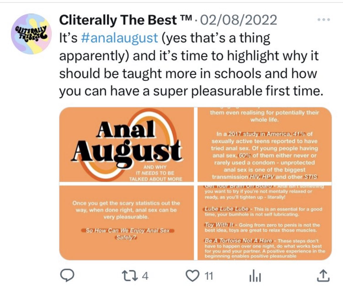 Absolute lies from @cliterallytheb here “as clearly stated on the website we provide sex education for adults.” You were trying to get #analaugust taught to children in schools. What is wrong with you?? The review into what on earth is going on with #RSE cannot come soon enough!
