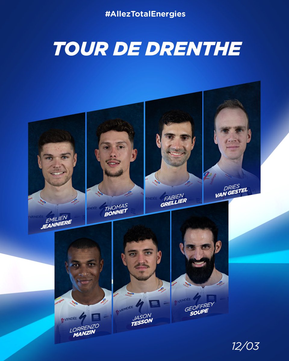 Team TotalEnergies (@teamtotalenrg) on Twitter photo Dries van Gestel remet son titre en jeu ce dimanche sur le <a href="/RondevDrenthe/">Wielerweekend Ronde van Drenthe Toerversies</a> 💪
👥 Voici nos 7 coureurs sélectionnés pour disputer la course (12/03). 🇳🇱
#AllezTotalEnergies #RondevDrenthe Dries van Gestel remet son titre en jeu ce dimanche sur le <a href="/RondevDrenthe/">Wielerweekend Ronde van Drenthe Toerversies</a> 💪
👥 Voici nos 7 coureurs sélectionnés pour disputer la course (12/03). 🇳🇱
#AllezTotalEnergies #RondevDrenthe