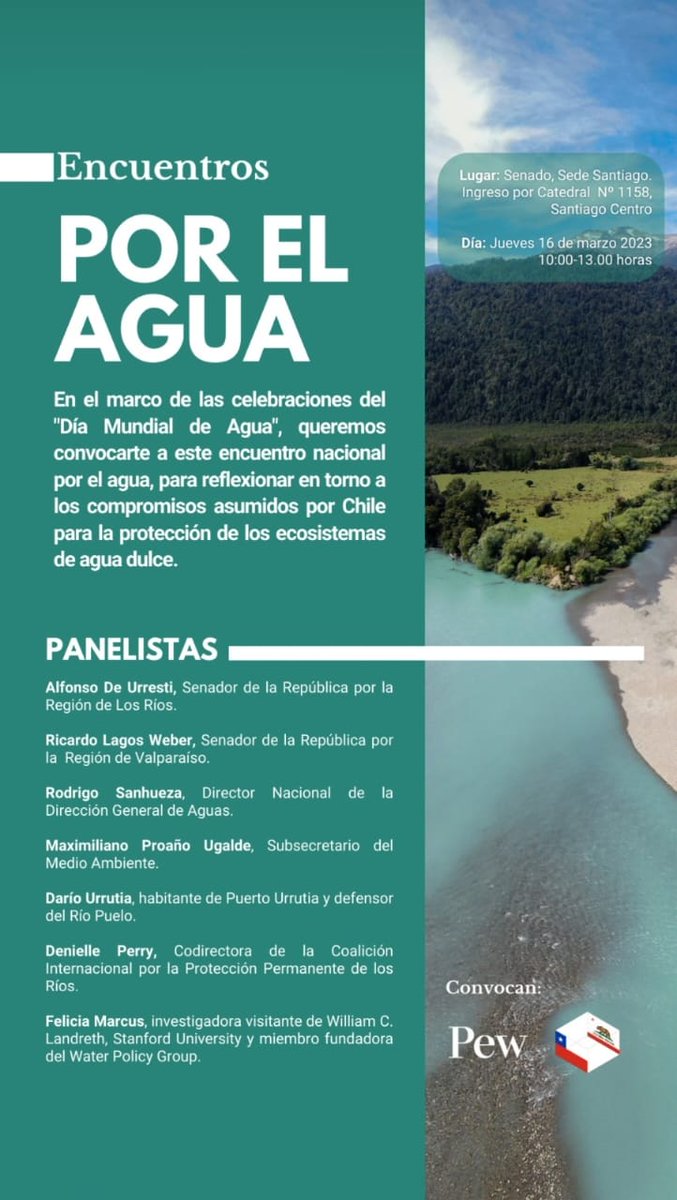 Te invitamos al seminario "Encuentros por el Agua", de forma presencial el día jueves 16 de marzo de 10:00 a 13:00 horas en el Salón de Honor del Senado, Sede Santiago (ingreso Catedral 1158, Santiago Centro).
*Si deseas asistir forms.gle/gmcm9bSZTFZpY7…