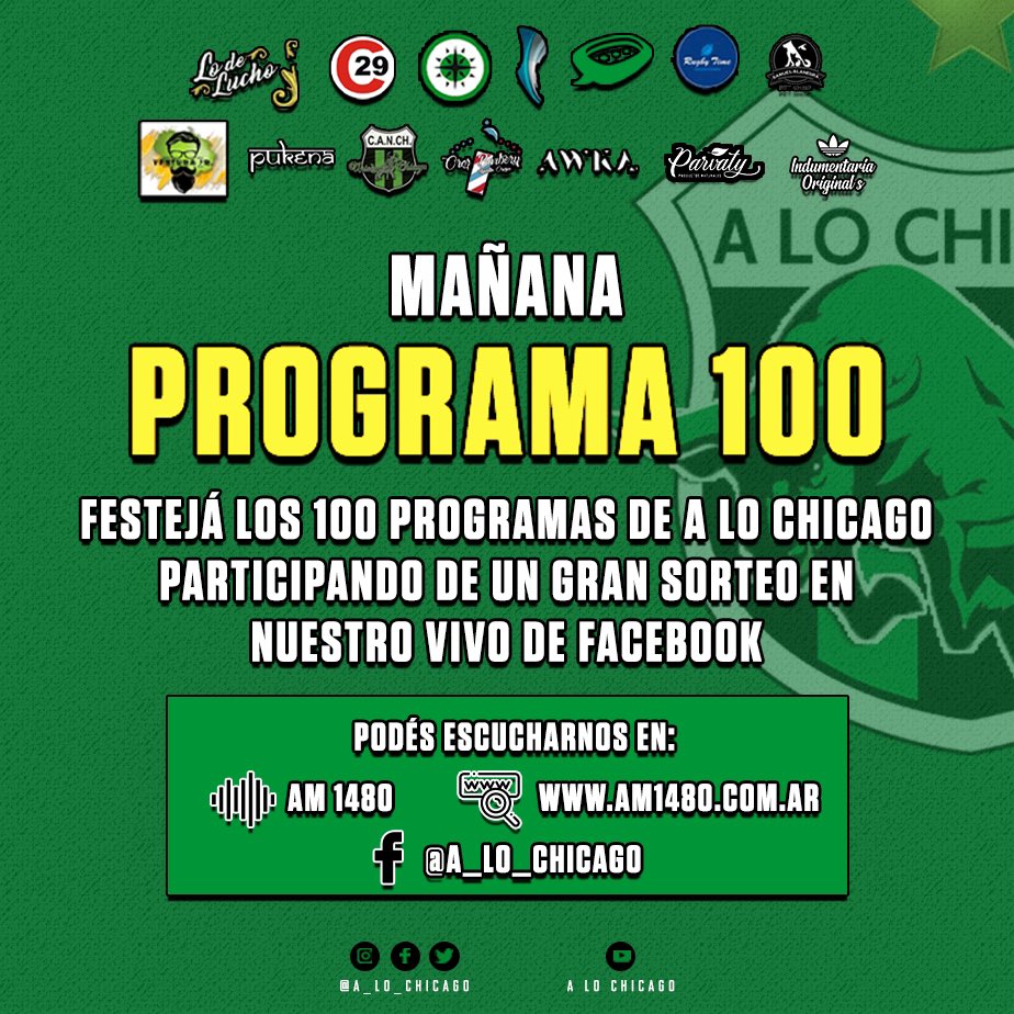 A_Lo_Chicago's tweet photo. #ALoChicago / #Programa100
LLEGAMOS A LOS 100
Para festejar A Lo Chicago, mañana súmate al vivo de Facebook, comenta tu nombre + número de socio y ya estás participando por:
-ORDEN DE COMPRA EN REP MATADEROS ($15.000)
- 2 SESIONES DE MASAJES ELHOIM
https://t.co/3KcMHs9qlV https://t.co/tYlCsNW6sY