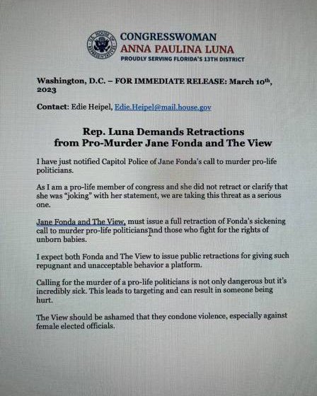 bennyjohnson's tweet photo. 🚨BREAKING: Anna Paulina Luna (@RepLuna) just notified the Capitol Police of Jane Vonda’s call for violence against Pro-Life politicians https://t.co/cd3kS8agZU