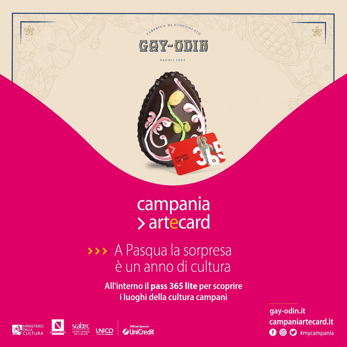 A #Pasqua la sorpresa nell'uovo è un anno di cultura!

Regala un anno di cultura alla scoperta del patrimonio culturale campano con il pass 365 lite, che troverai all’interno di due uova  realizzata dalla storica fabbrica di cioccolata di Napoli Gay Odin.