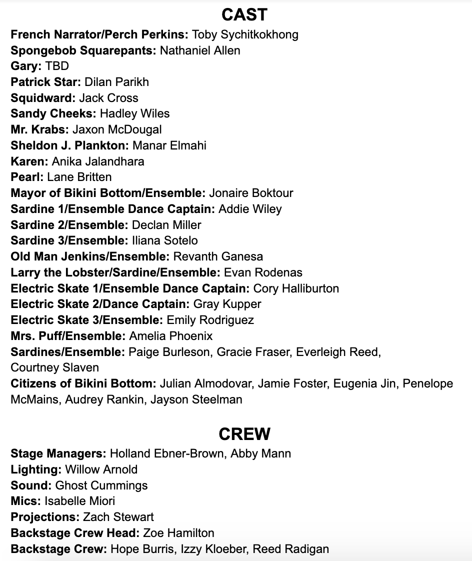 CTMSTheatre's tweet photo. Presenting the Company of 
The Spongebob Musical: Youth Edition 

IMPORTANT NOTE: There will be a MANDATORY REHEARSAL on MONDAY, 2/20, 3:35-5:00 to receive scripts, schedules, and more. If you cannot attend this rehearsal, please let Mrs. Robo and Mrs. Ramon know ASAP via email. https://t.co/XriBgPFz03