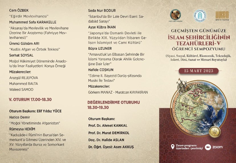 Geçmişten Günümüze İslâm Şehirciliğinin Tezâhürleri Sempozyumumuzun beşincisini AYBÜ Tarih Topluluğu ve Ülken Sosyal Bilimler Akademisi işbirliği ile düzenlemekteyiz. 15 Mart 2023 tarihinde gerçekleşecektir.

📌 Oturumlar YouTube kanalımız üzerinden canlı olarak yayınlanacaktır.