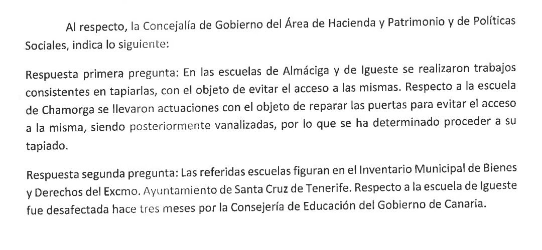 tino_guzman's tweet image. Hace unos días, desde @PSOESantaCruzTF preguntamos al Gobierno local sobre las antiguas escuelas de Chamorga, Almáciga
e lgueste. Qué planes tienen para esos bienes, historia de #SCTF.
La respuesta es desoladora y ejemplo de pocas ideas/amor por nuestro municipio: se han tapiado.