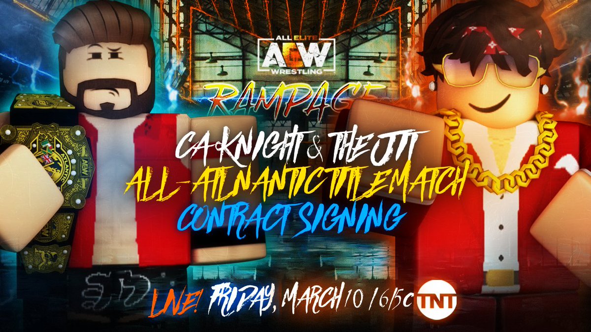 AllEliteRBX's tweet photo. #AEWRampageRBX Tonight at 6/5c on TNT!

#TheJit accepted All-Atlantic Champion @CAKnight2ndacc's open contract signing for a title match at Revolution and it ALL GOES DOWN TONIGHT! https://t.co/K4eecf6Yac