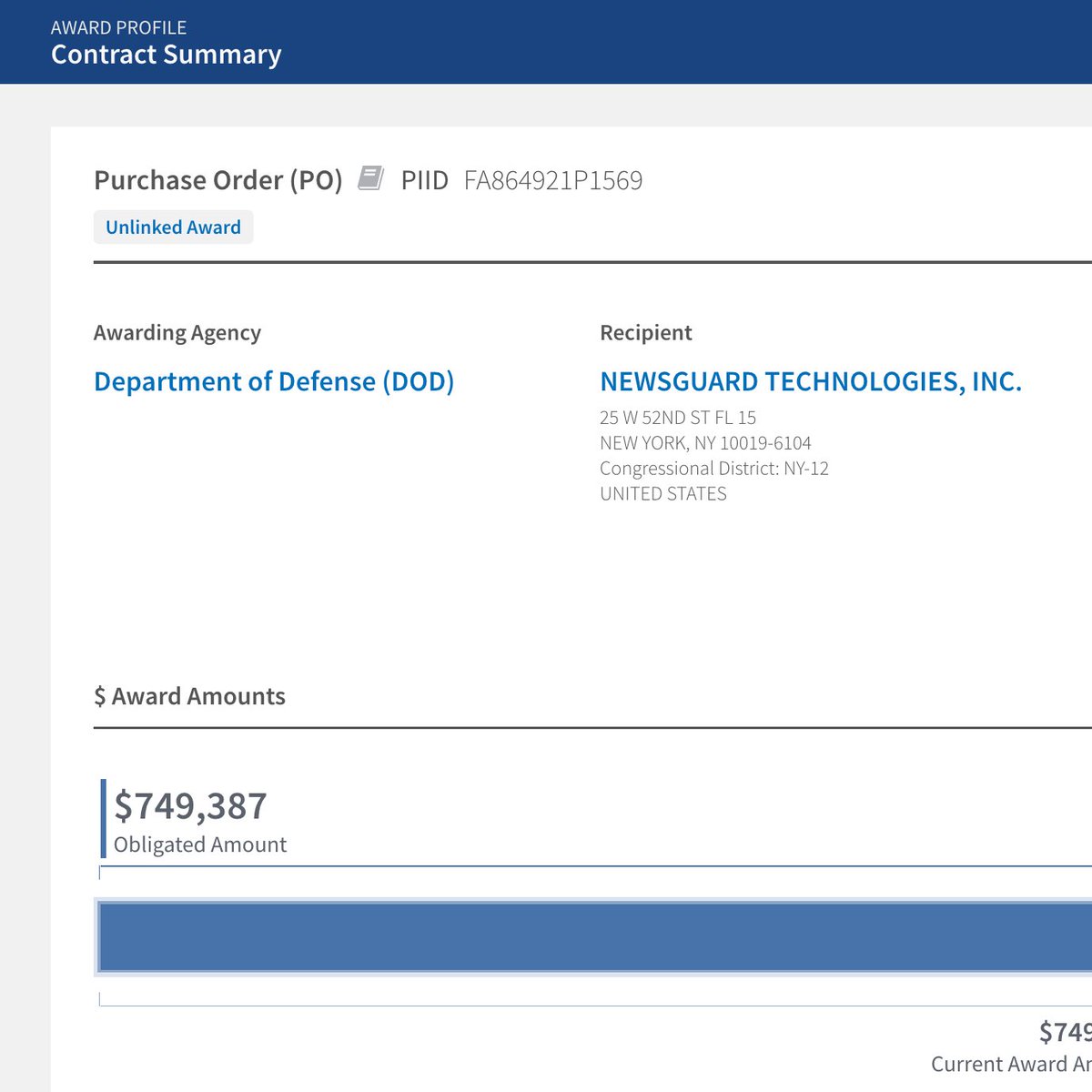 gekaminsky's tweet photo. NEW: In a lengthy email to @mtaibbi on Friday morning, Newsguard's CEO Gordon Crovitz refuted that the purported disinformation tracker is "U.S. government funded."

In 2021, the Department of Defense awarded $749,387 to Newsguard. https://t.co/WlDr7UcbbO