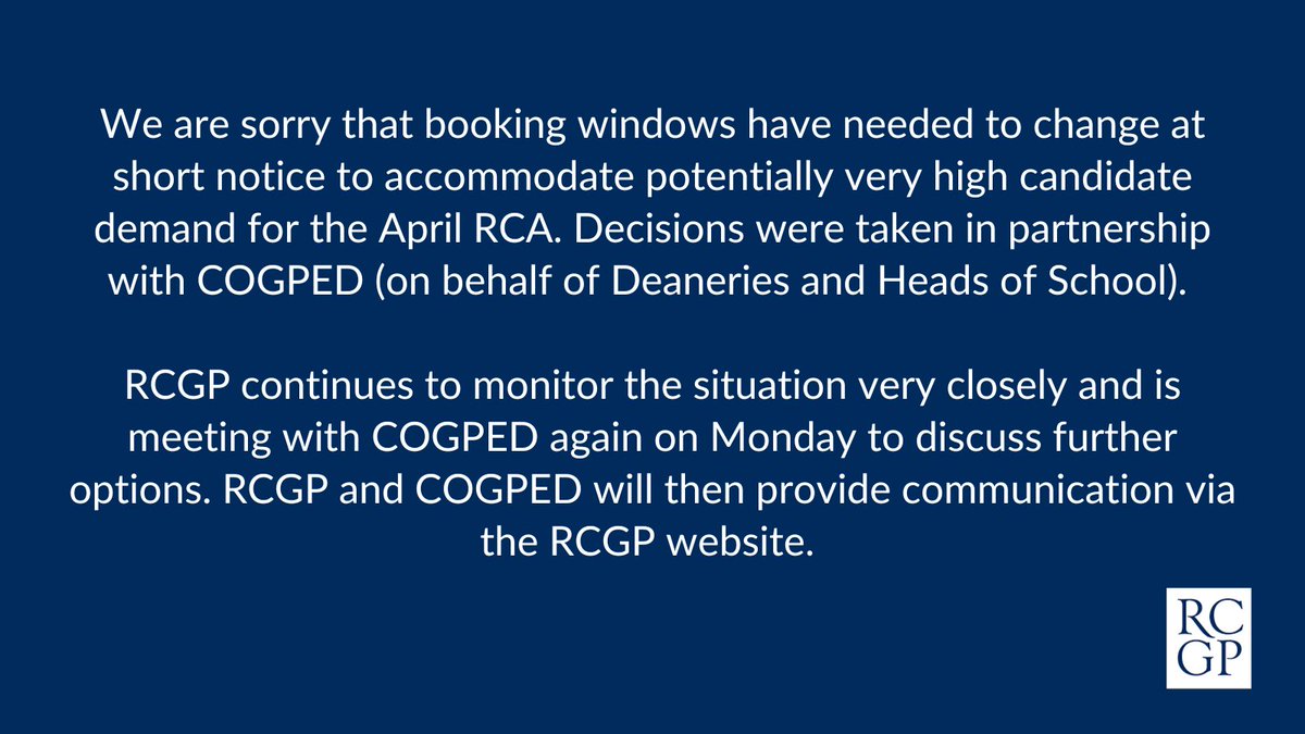rcgp's tweet photo. Please read our latest update on bookings for the April RCA and keep monitoring our website for further updates. https://t.co/UO48VjR9JF https://t.co/LeR4Js7Sw5