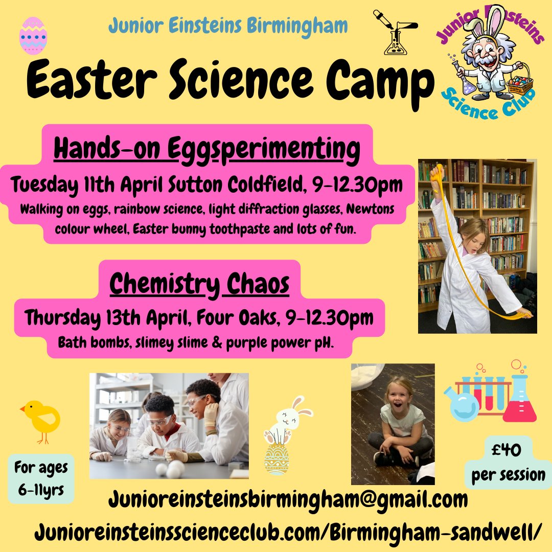 Hands on Easter Science club in Sutton Coldfield,Bham. Two different venues, two different Egg-citing Camps!
Booking essential. #suttoncoldfield #suttoncoldfieldmoms #boldmeremums #fouroaks #walsallmums #stemkids #brummiemummies #whatson4kids #newtoscience #brumhour