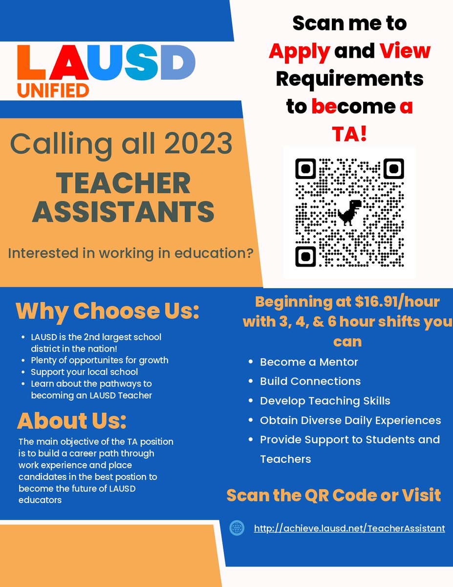 Calling all 2023 TEACHER ASSISTANTS. 🍎📣Interested in working in education? 📚 For more information visit achieve.lausd.net/TeacherAssista…