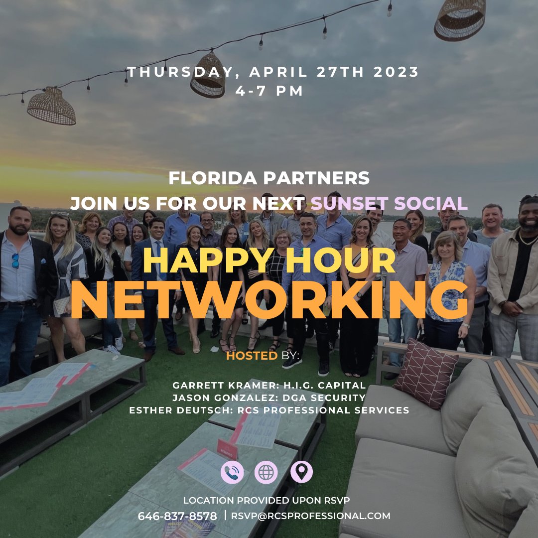 RCSProServices's tweet image. Florida Professionals: Join us on April 27th for the ultimate networking event, Sunset Social! Come mingle, connect, and unwind with fellow business professionals while enjoying the beautiful sunset views that South Florida has to offer.

RSVP to rsvp@rcsprofessional.com

#rcspro