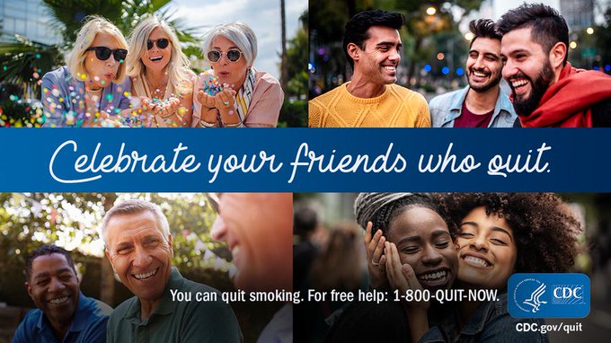 CDCTobaccoFree's tweet image. Show support to your friends who have gone smokefree by celebrating their accomplishments. For resources to support loved ones on their quit journey, visit CDC.gov/quit. #FridayFeeling