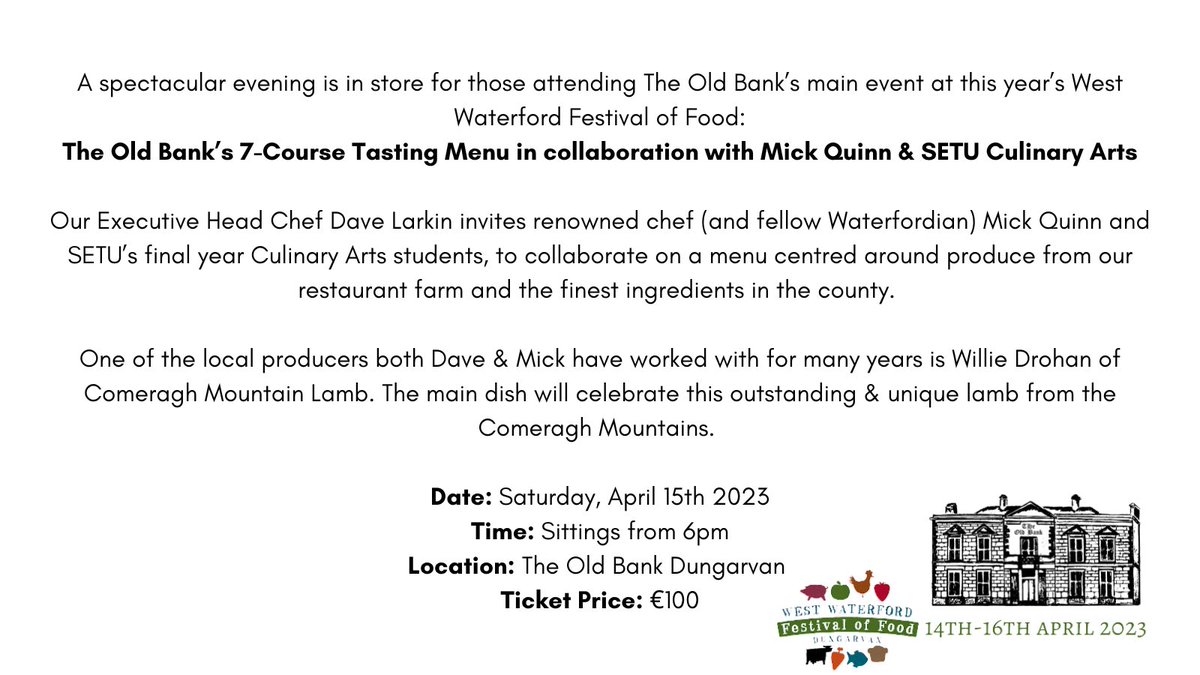There’s not many tickets remaining for our main event at this year’s West Waterford Festival of Food
Tickets can be purchased over on the festivals website: westwaterfordfestivaloffood.com/events/store-2…

We’re really looking forward to this one!
#WWFOF23 14th - 16th April @DaithiL13 <a href="/WdFoodFestival/">Waterford Festival of Food</a>