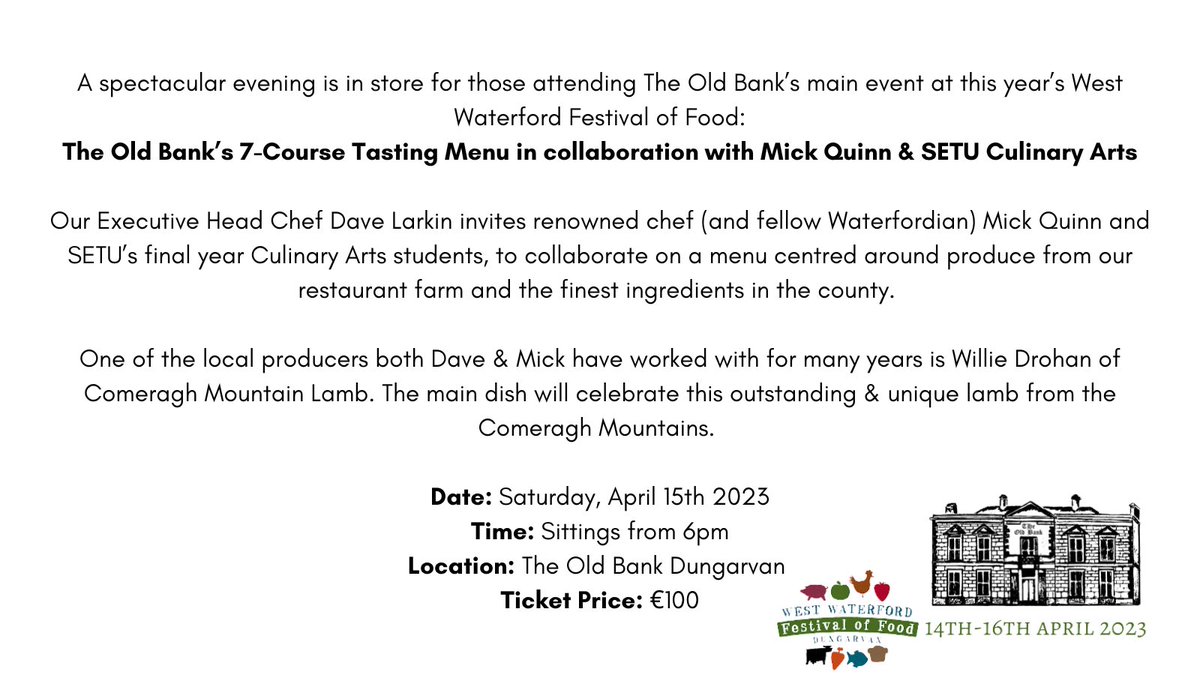 There’s not many tickets remaining for our main event at this year’s West Waterford Festival of Food Tickets can be purchased over on the festivals website: westwaterfordfestivaloffood.com/events/store-2… We’re really looking forward to this one! #WWFOF23 14th - 16th April @DaithiL13 @WdFoodFestival