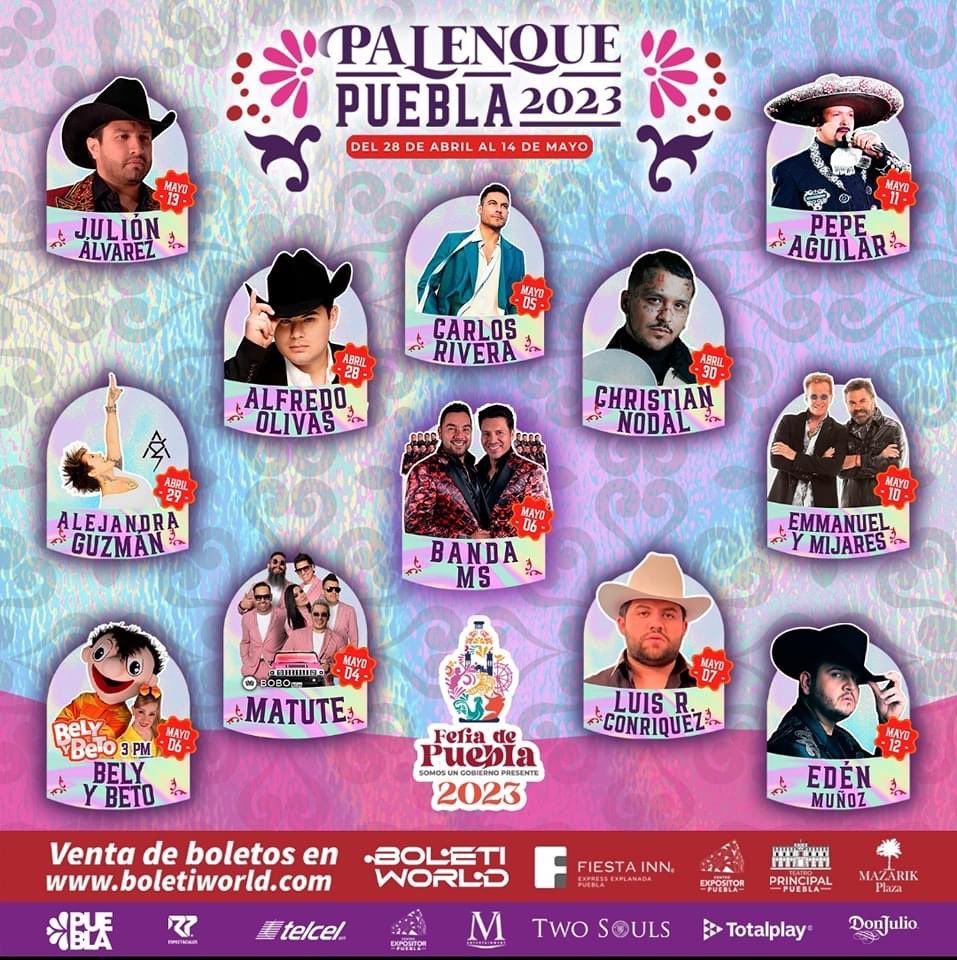 Presentan cartel oficial del palenque de la #FeriaPuebla2023 que ofrecerá conciertos del 28 al 14 de Mayo.
#JulionAlvarez #CarlosRivera #PepeAguilar #AfredoOlivas #ChristianNodal #EmmanuelYMijares #AlejandraGuzman #BandaMS #Matute #EdenMuñoz y muchos más…