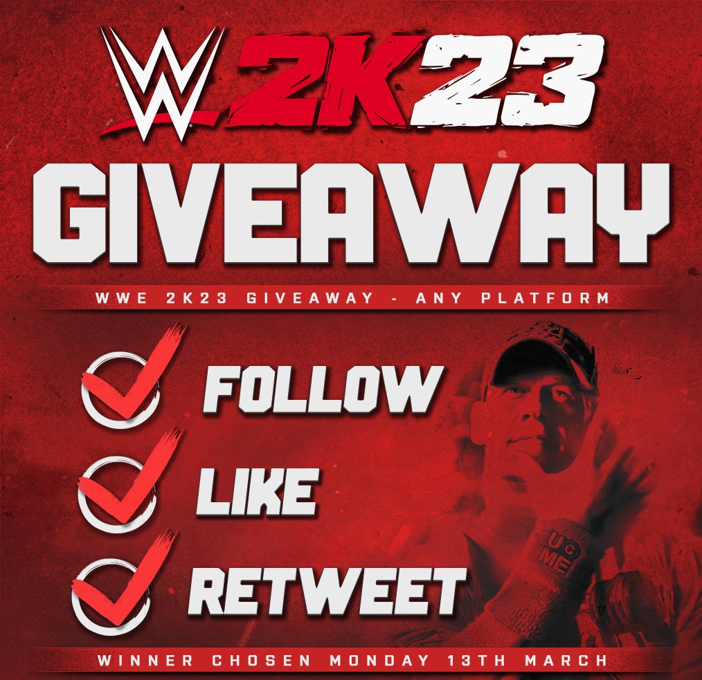 🚨 𝗪𝗪𝗘 𝟮𝗞𝟮𝟯 𝗚𝗜𝗩𝗘𝗔𝗪𝗔𝗬 🚨

𝗥𝗨𝗟𝗘𝗦 👇

✅ Follow
✅ Like
✅ Retweet

𝗪𝗶𝗻𝗻𝗲𝗿 𝘄𝗶𝗹𝗹 𝗯𝗲 𝘀𝗲𝗹𝗲𝗰𝘁𝗲𝗱 𝗼𝗻 𝗠𝗼𝗻𝗱𝗮𝘆 𝗮𝘁 𝗿𝗮𝗻𝗱𝗼𝗺.

Best of luck! 🤘

#WWE2K23 #WWE2K22 #AEW #ROH #WWE