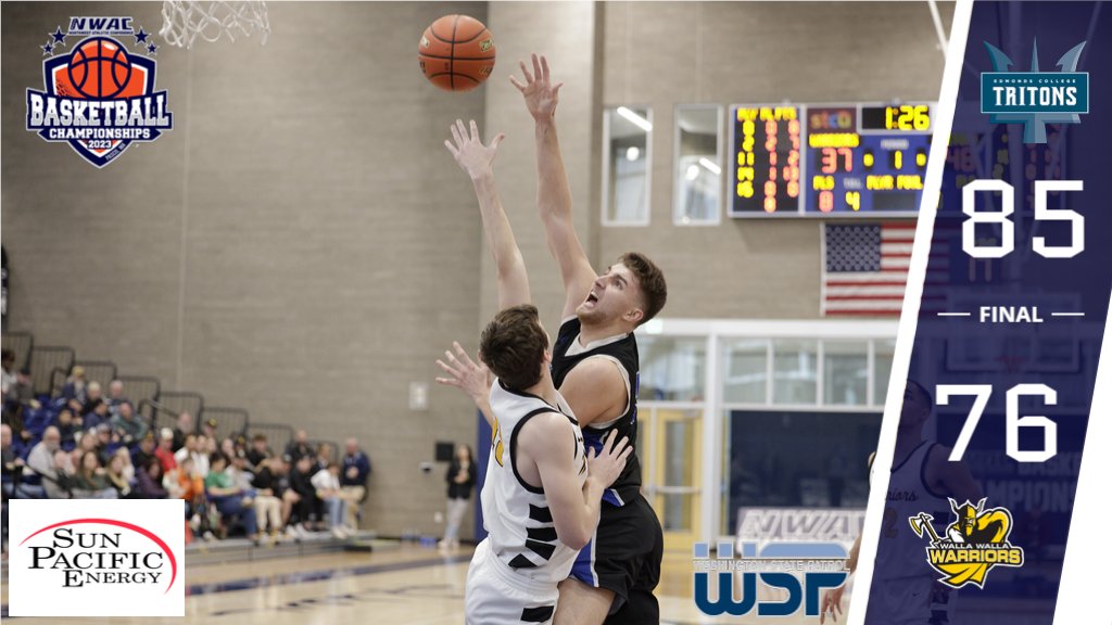 FINAL | <a href="/EdmondsTritons/">Edmonds College Tritons</a> 85, <a href="/WWCCWarriors/">WWCC</a> 76

Tritons hold off late comeback attempt by Warriors to become first Elite 8 qualifier!

10 Lee - 28 PTS
34 Zevenbergen - 21 PTS, 10 REB
23 Rose - 17 PTS, 11 REB

#NWACmbb