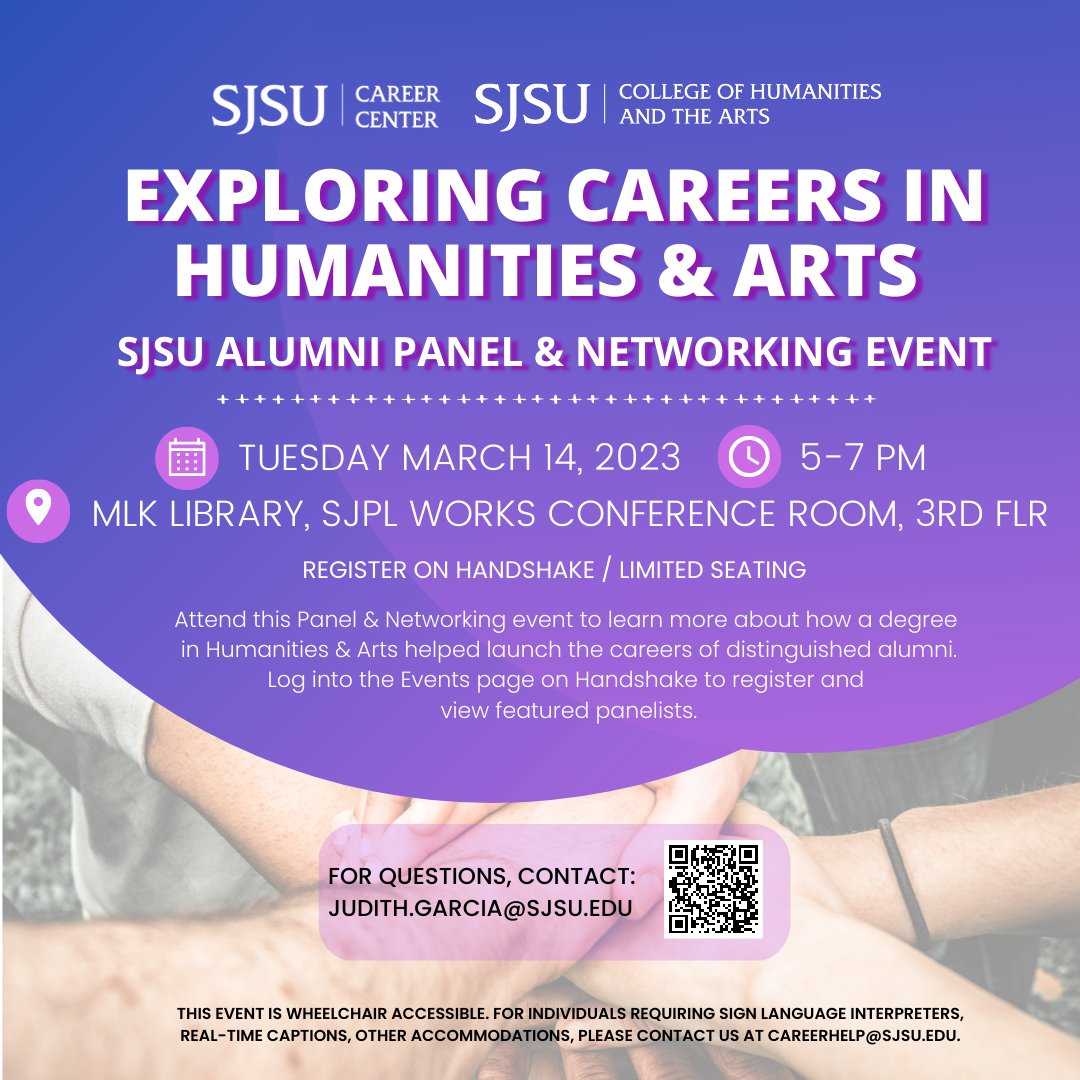 Trying to pinpoint your career as a Humanities and Arts student? Hear the stories of 6 alumni who’ve successfully transitioned from the classroom to the workforce at the MLK Jr. Library on March 14, 5-7 PM. Register at bit.ly/3ZCyKdB