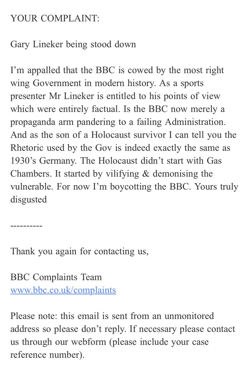 My complaint to the #BBC I went online to them to complain perhaps others might do the same if they feel strongly enough ⁦@BBCMOTD⁩ #IStandWithGaryLineker #SpeakingTruthToPower