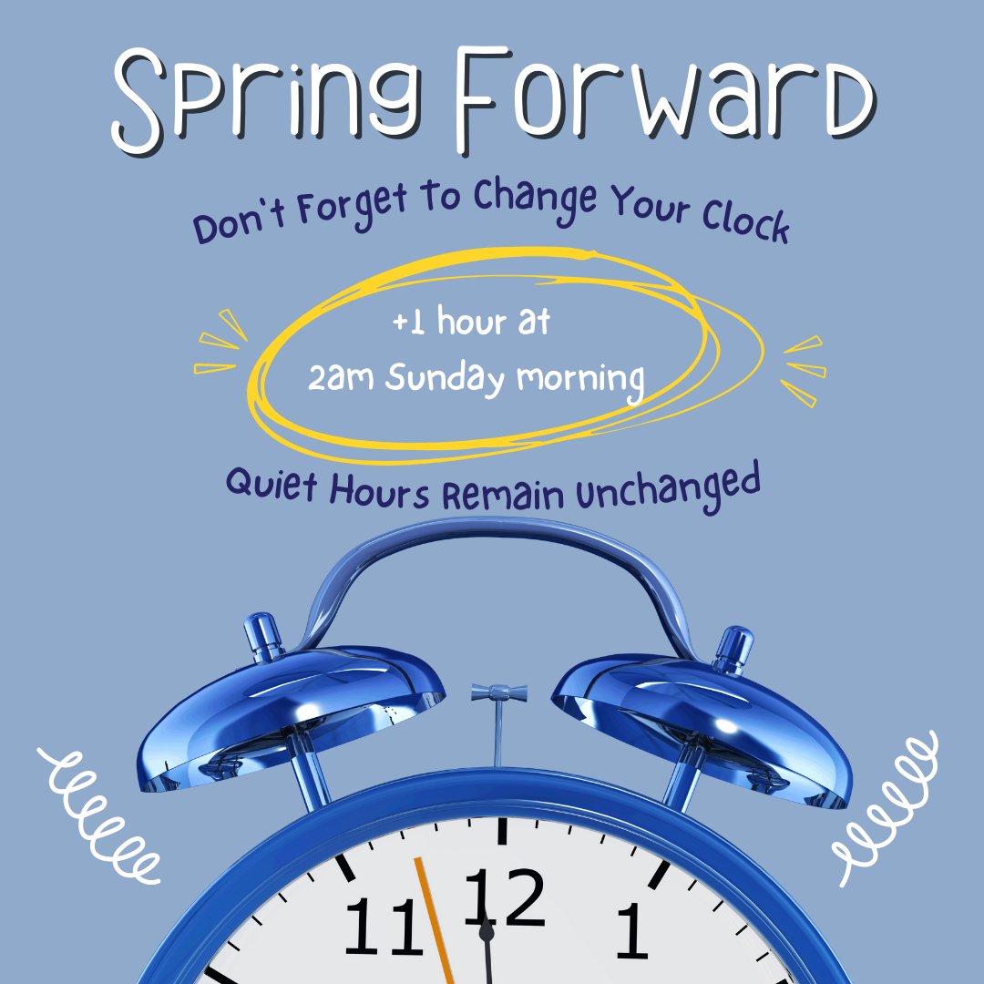 StudentLifeHC's tweet image. Don't forget to move your clock forward by one hour on Sunday at 2am! Don't be late for class on Monday morning! 
Quiet Hours remain unchanged.