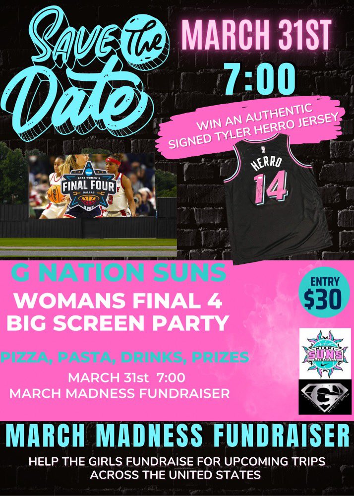 Save the Date 
<a href="/GNation_BBALL/">G Nation 🏀</a> <a href="/MiamiSuns/">Miami Suns</a> Fundraiser!

-Final 4 Watch Party
-$30
-Food-Drinks-Big Screen 📺 TV 
-Each ticket gives you one entry to event and chance to win an authentic autographed Tyler Hero Jersey🔥

-DM📱for tickets or buy from a G Nation Suns Player
<a href="/CoachLooky/">jason looky</a>