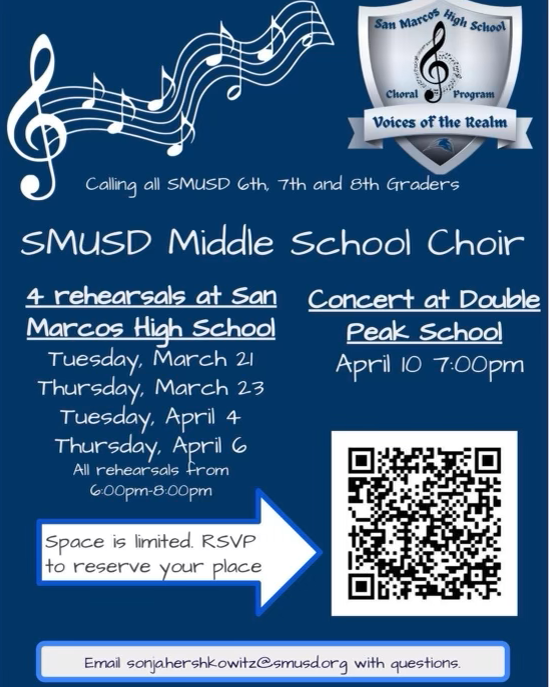 Calling all 6th, 7th and 8th graders!  Do YOU love to sing?  Then reserve your spot in the SMUSD Middle School Choir!  Scan the QR code to RSVP.  Email sonjahershkowitz@smusd.org if you have any questions. #semsmusic #semssings #smusd #middleschoolmusicmatters