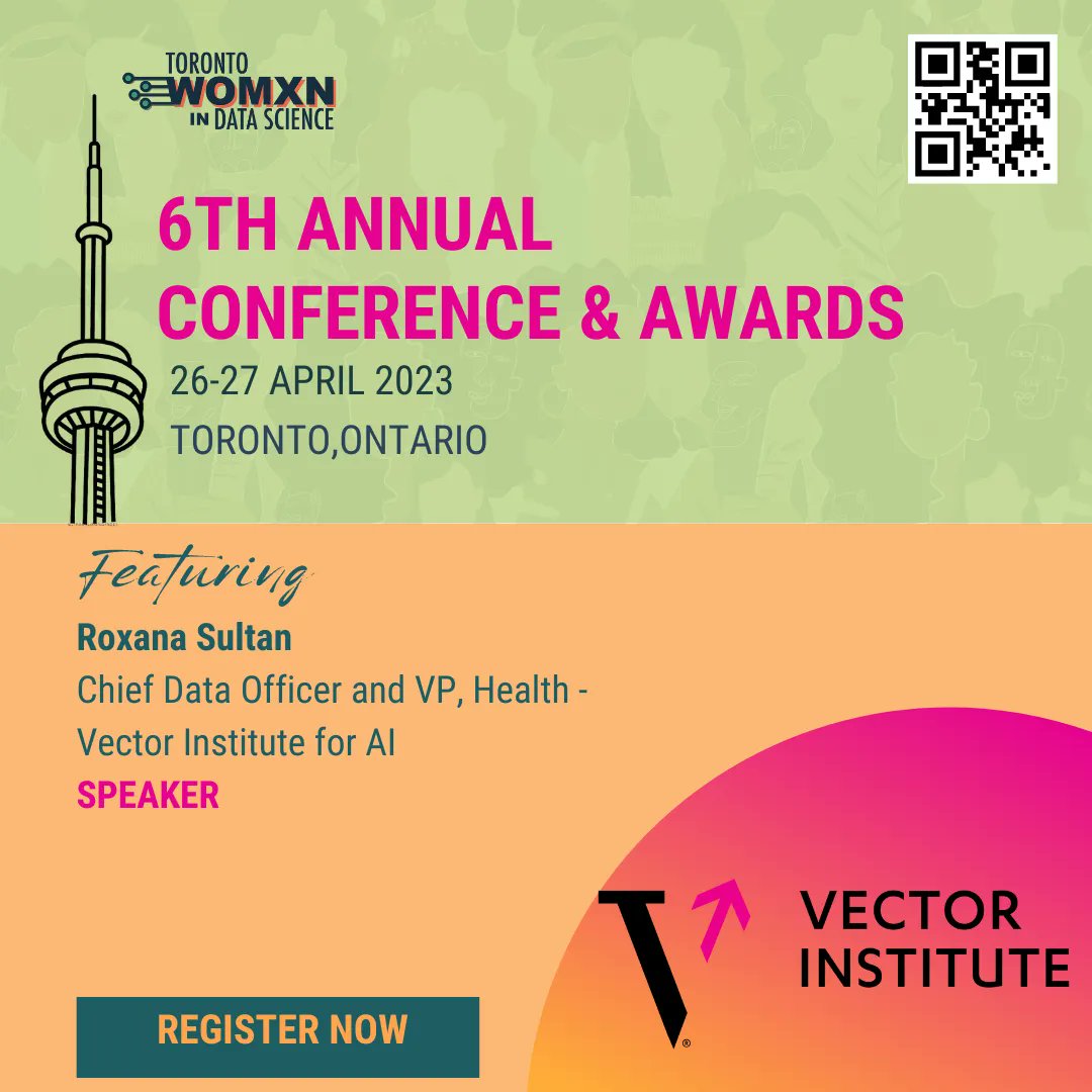 AI + Health will be the focus of this conference speaker. Pleased to announce Roxana Sultan - Chief Data Officer and Vice President, Health at the Vector Institute!S

Register TODAY : buff.ly/3ZH8BdM  
#AI #healthdata #machinelearning #intelligentmedicine  #womenindata