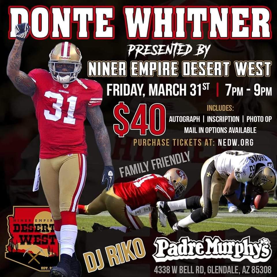 NEDW49's tweet photo. The #8 Overall Pick in the 2006 NFL Draft and 3x Pro Bowler @DonteWhitner is coming out to the NEDW Meet & Greet for his first ever public autograph signing! π₯
Tickets can be purchased at https://t.co/hDo3Rw1AK1
#NEDW #NinerEmpire #DesertWest #Hitner https://t.co/iX1socAhqM